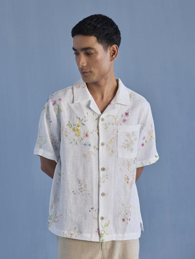 Haru Embroidered Pocket Floral Linen Shirt - White