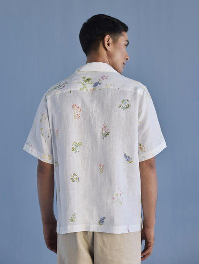 Haru Embroidered Pocket Floral Linen Shirt - White