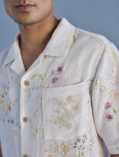 Haru Embroidered Pocket Floral Linen Shirt - White