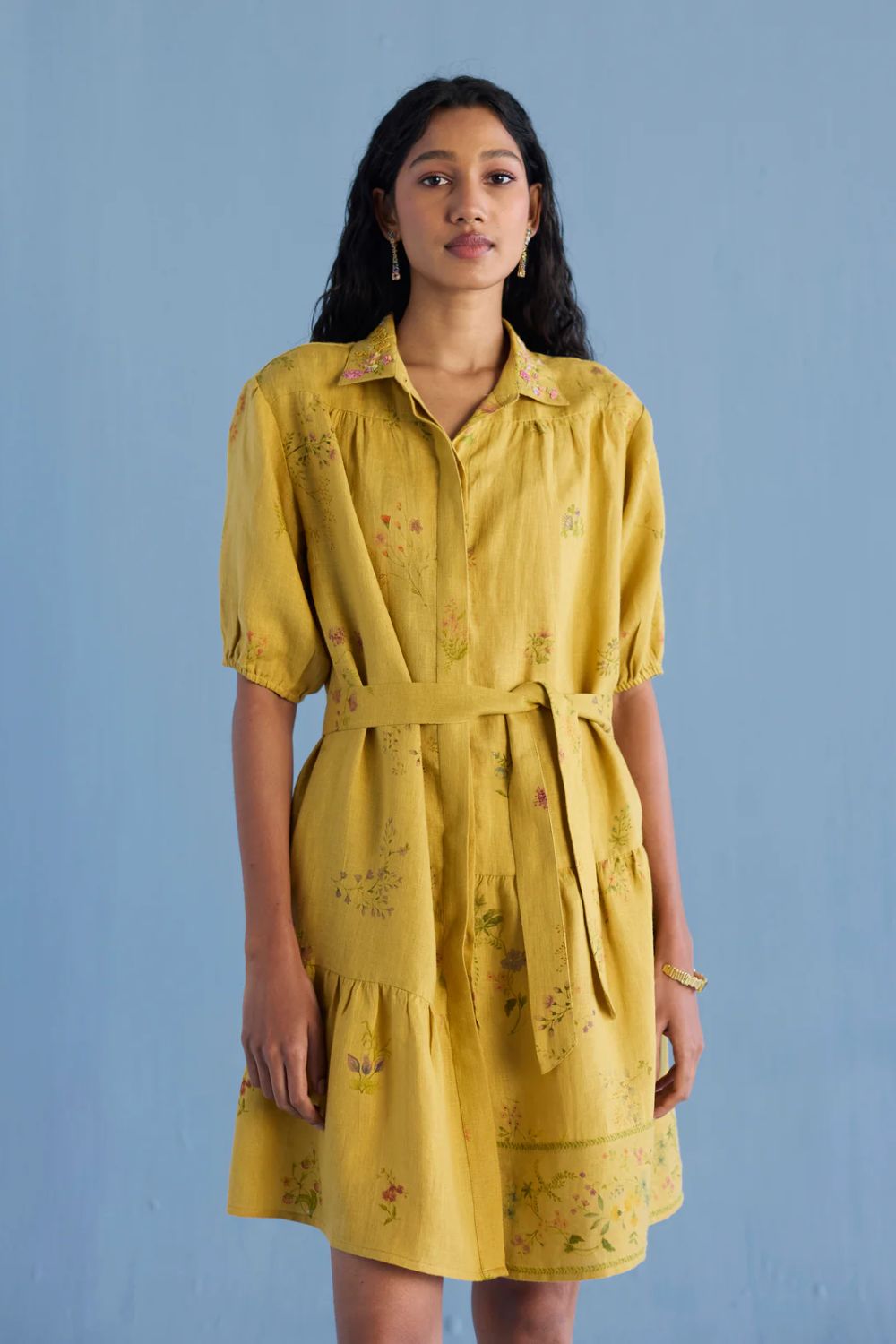 Sia Hand-Embroidered Floral Dress - Ochre