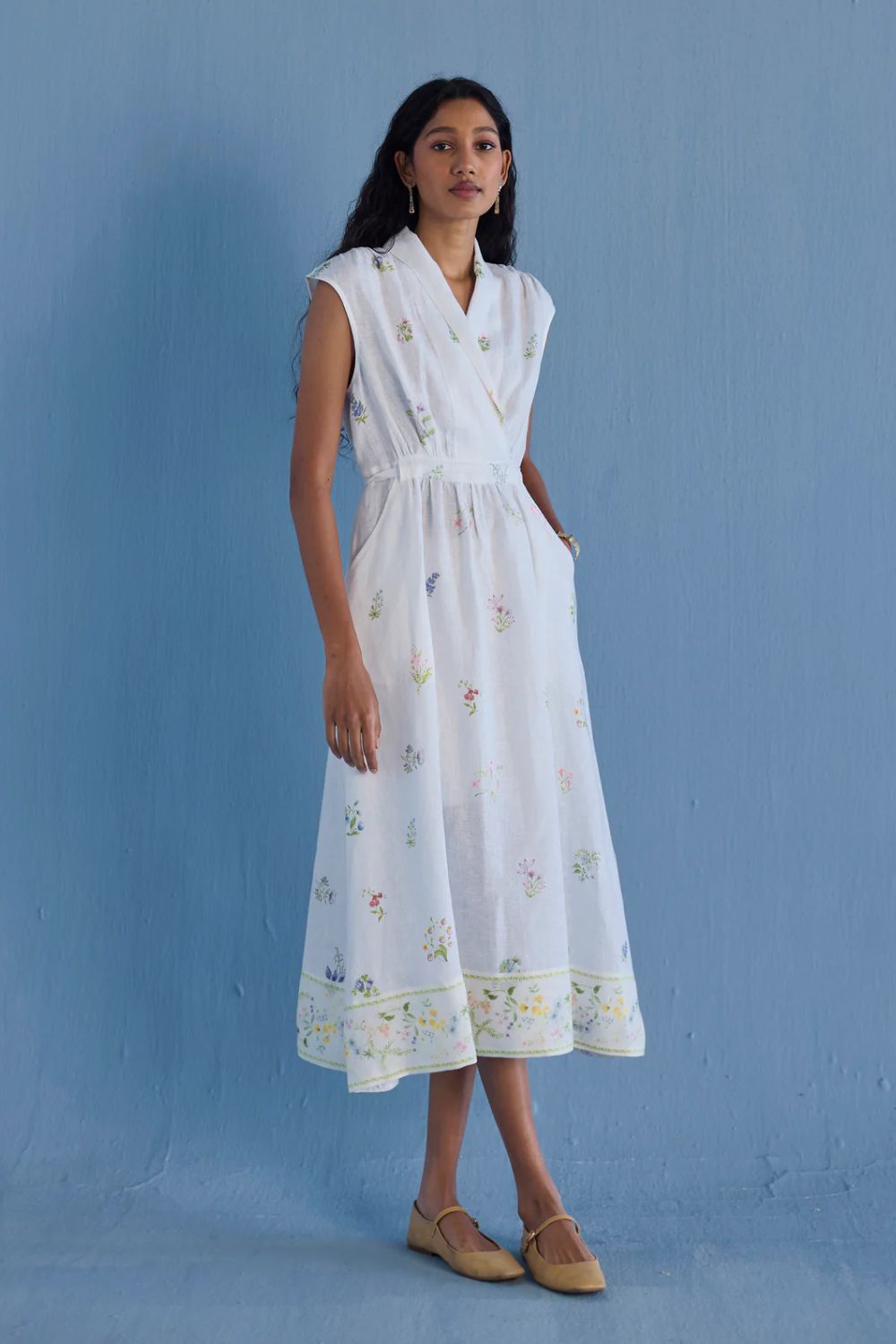 Mema Shawl Collar Printed Linen Dress - White