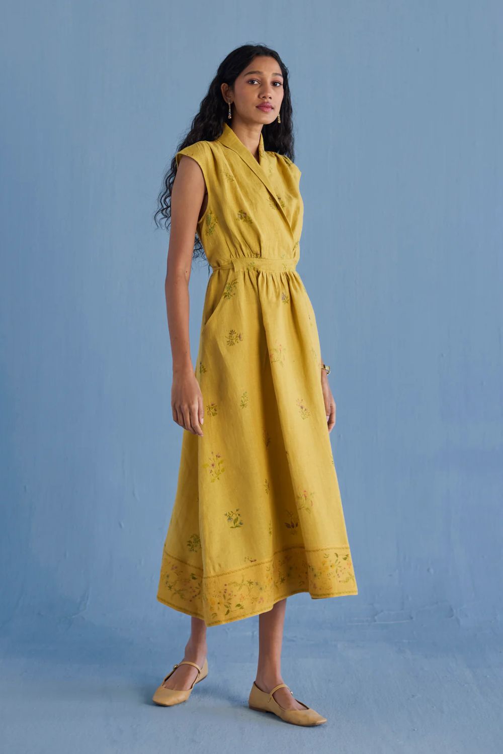 Mema Shawl Collar Printed Linen Dress - Ochre