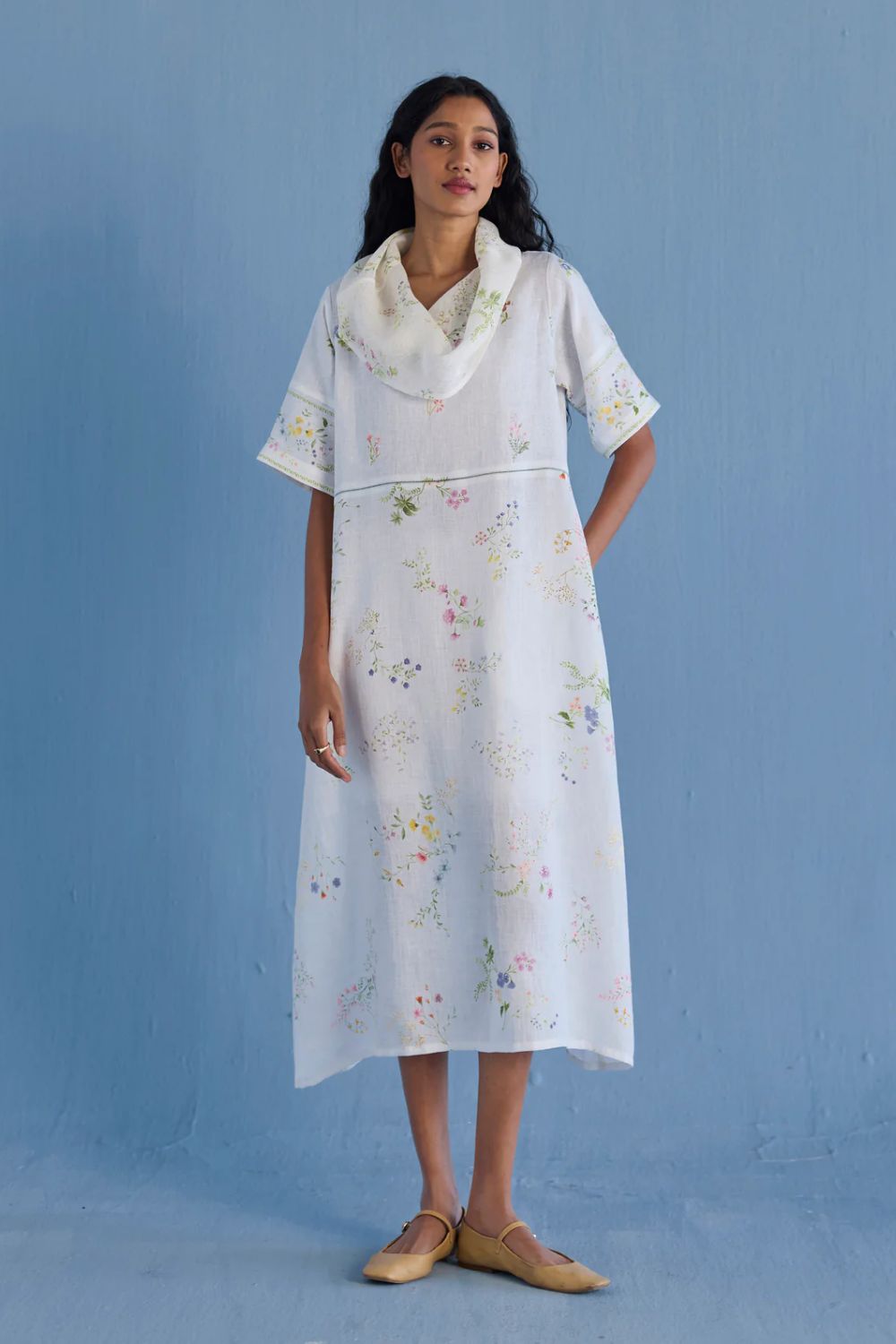Imara Cowl Neck Linen Dress - White