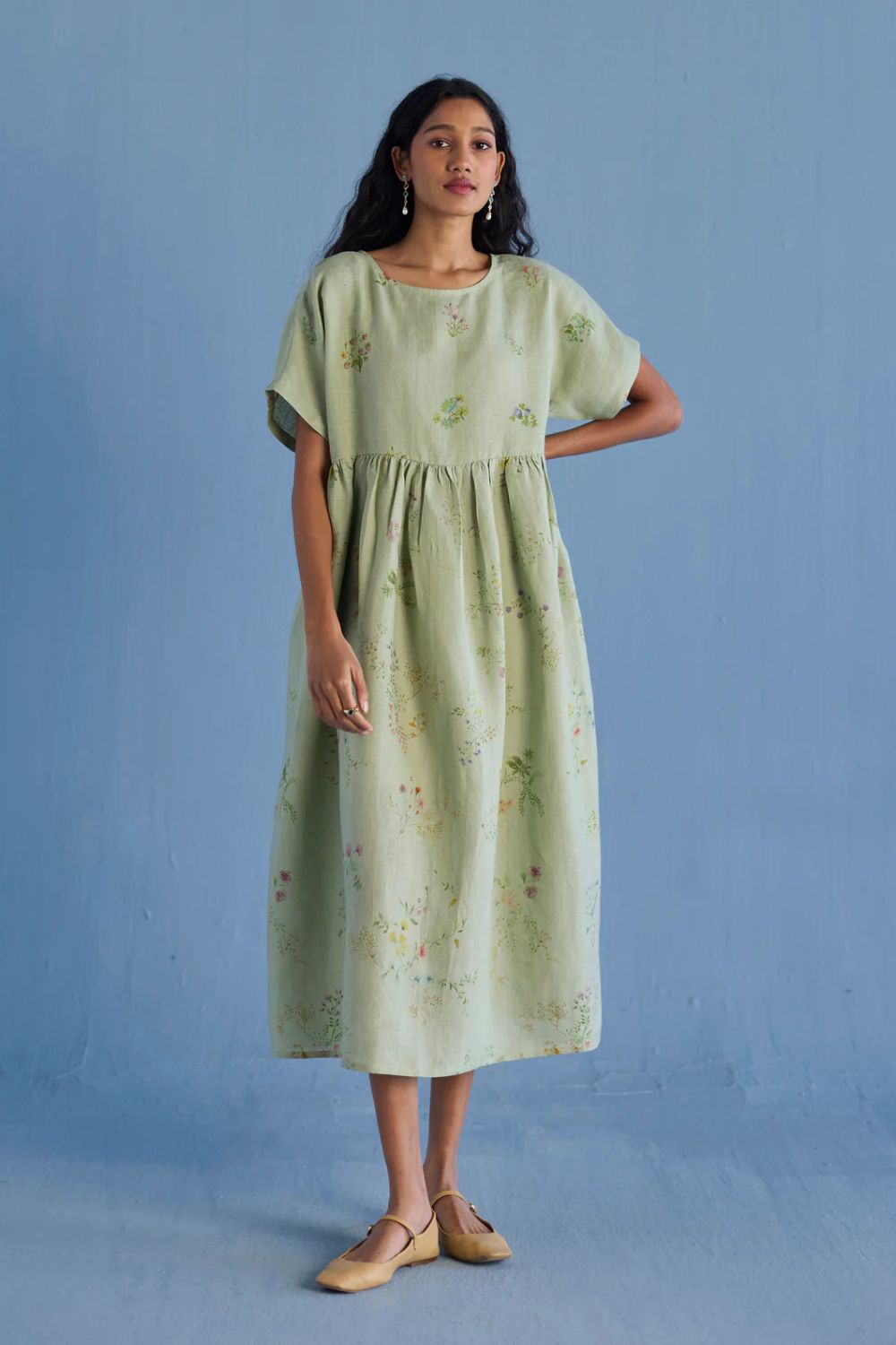 Uniko Pleated Floral Linen Dress - Mint