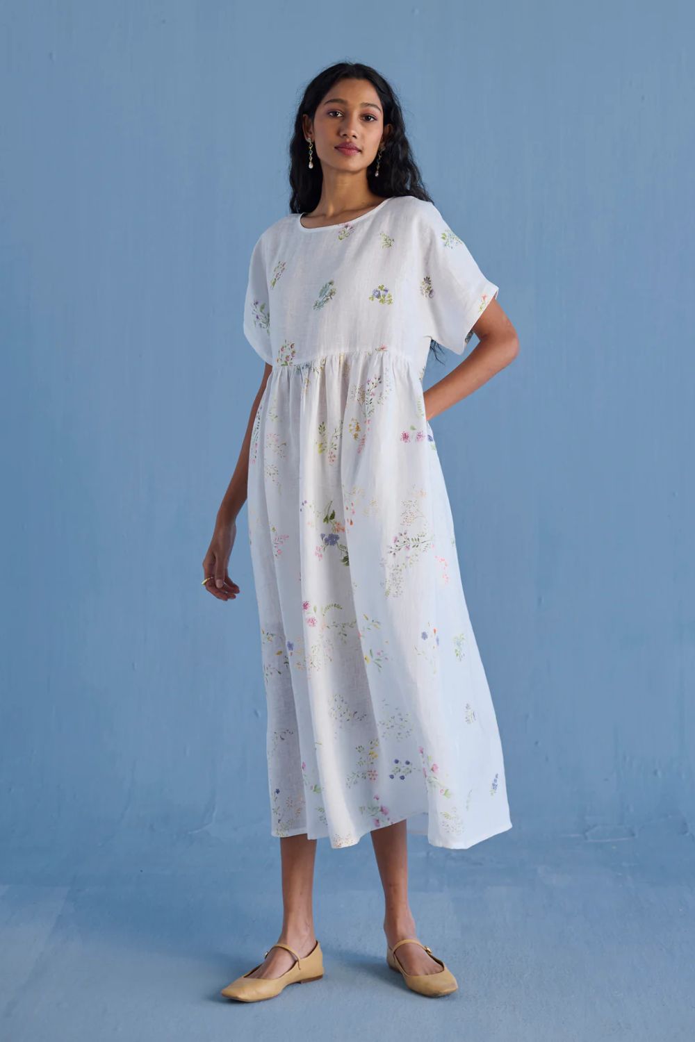 Uniko Pleated Floral Linen Dress - White