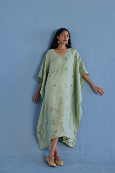 Eva Floral Linen Kaftan Dress - Mint