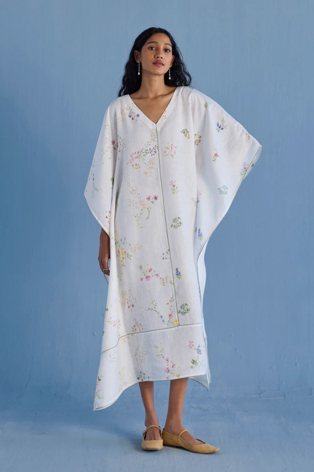 Eva Floral Linen Kaftan Dress - White