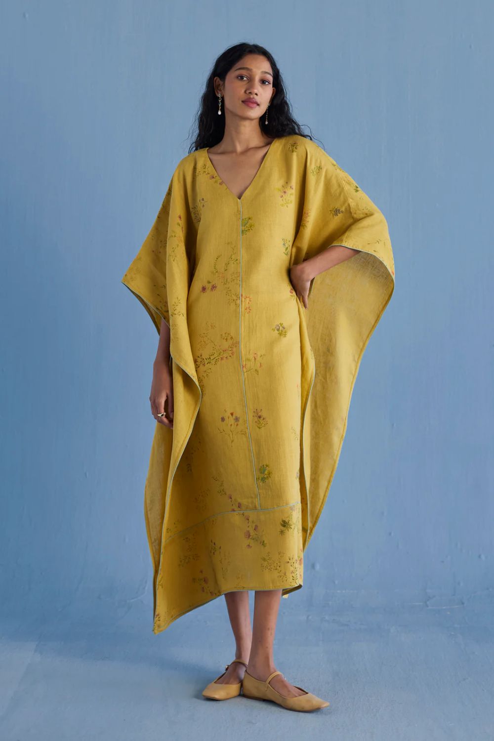 Eva Floral Linen Kaftan Dress - Ochre