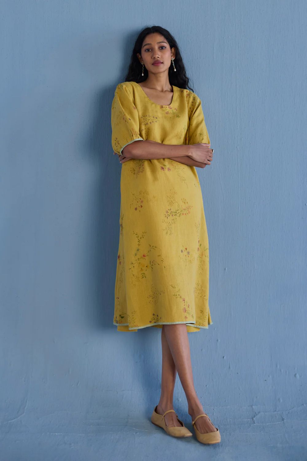 Nami Floral Printed Linen Dress - Ochre
