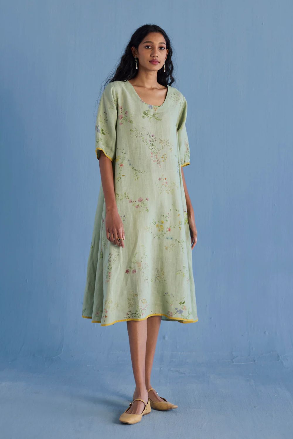 Nami Floral Printed Linen Dress - Mint