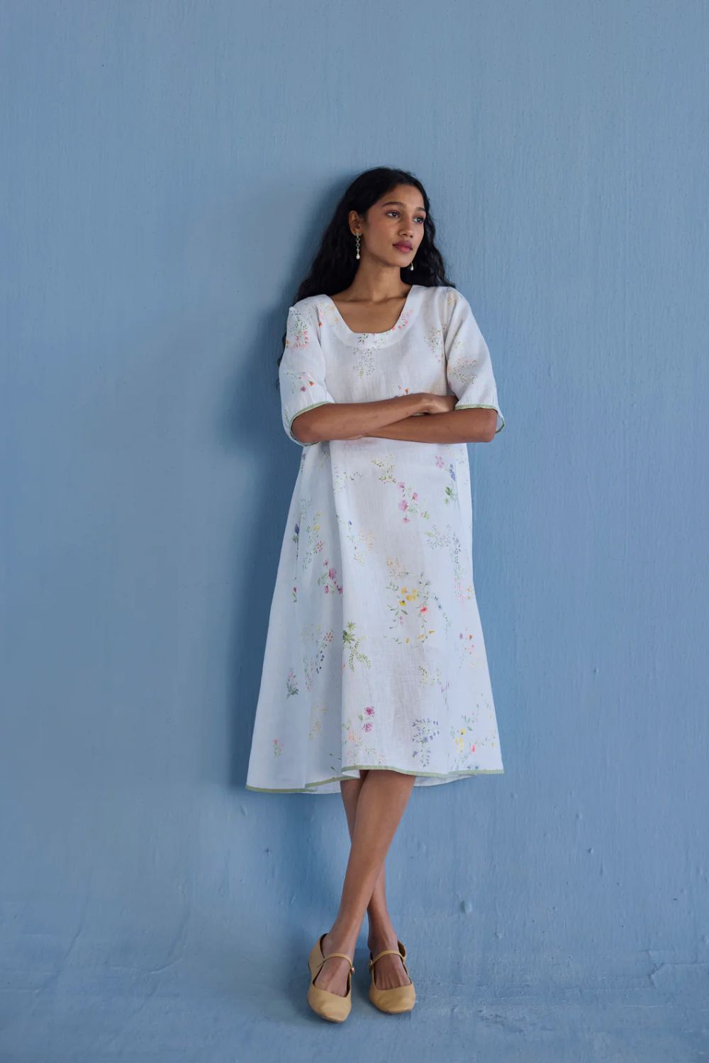 Nami Floral Printed Linen Dress - White