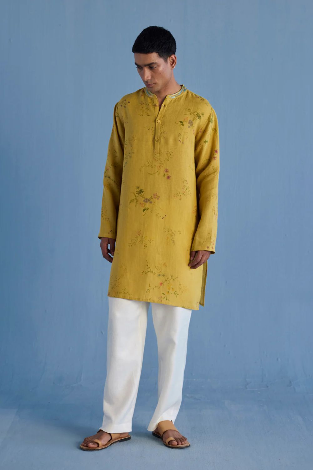 Ahan Floral Printed Kurta with Embroidered Collar - Ochre