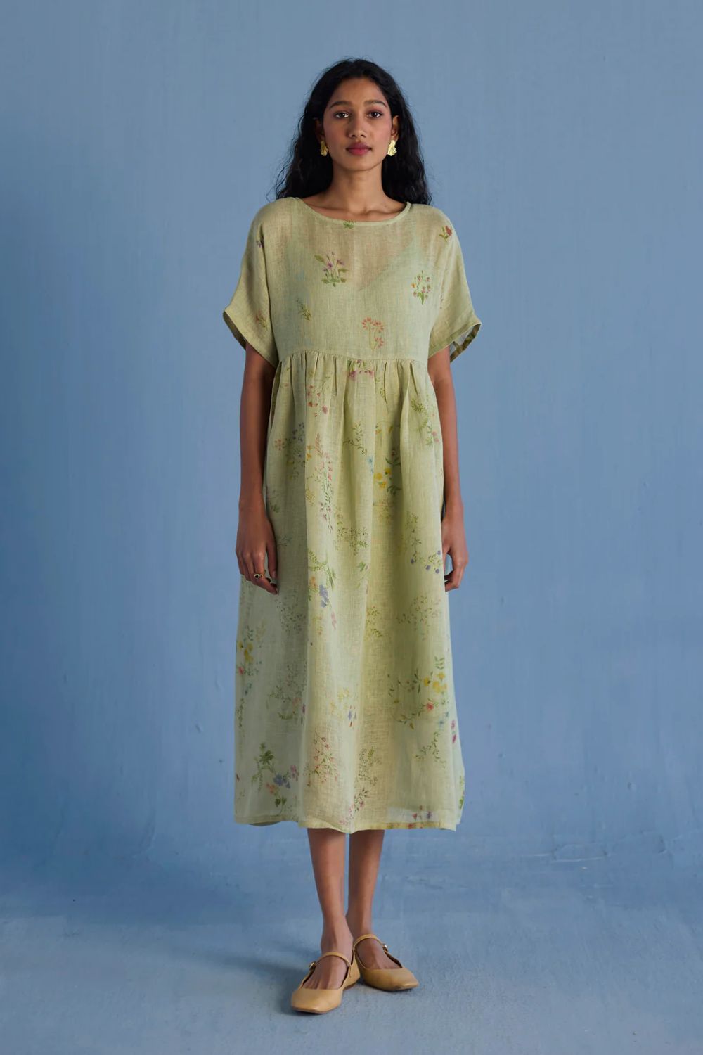 Rasa Floral Printed Sheer Linen Dress - Mint