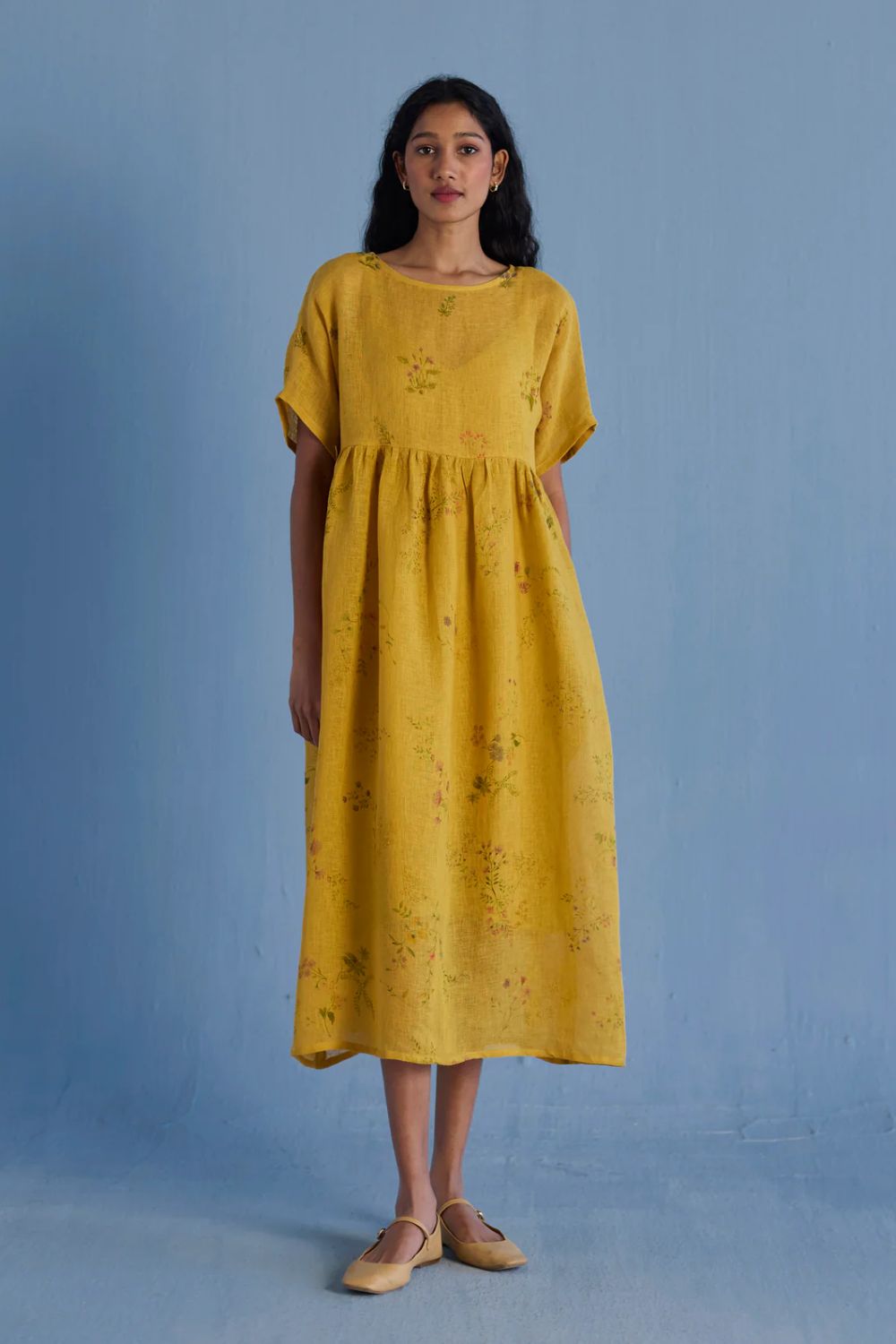 Rasa Floral Printed Sheer Linen Dress - Ochre
