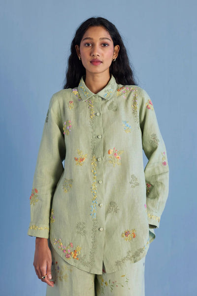 Alila Hand-Embroidered Linen Shirt - Mint