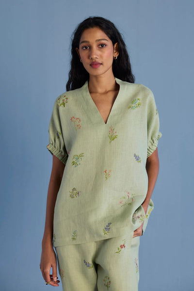 Mihen Elasticated Sleeve Linen Top - Mint