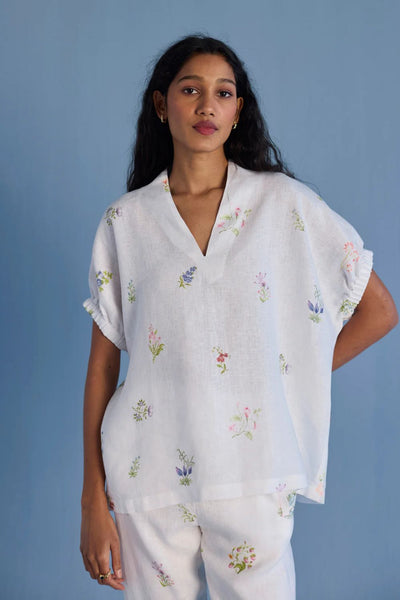Mihen Elasticated Sleeve Linen Top - White