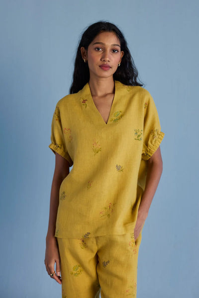 Mihen Elasticated Sleeve Linen Top - Ochre