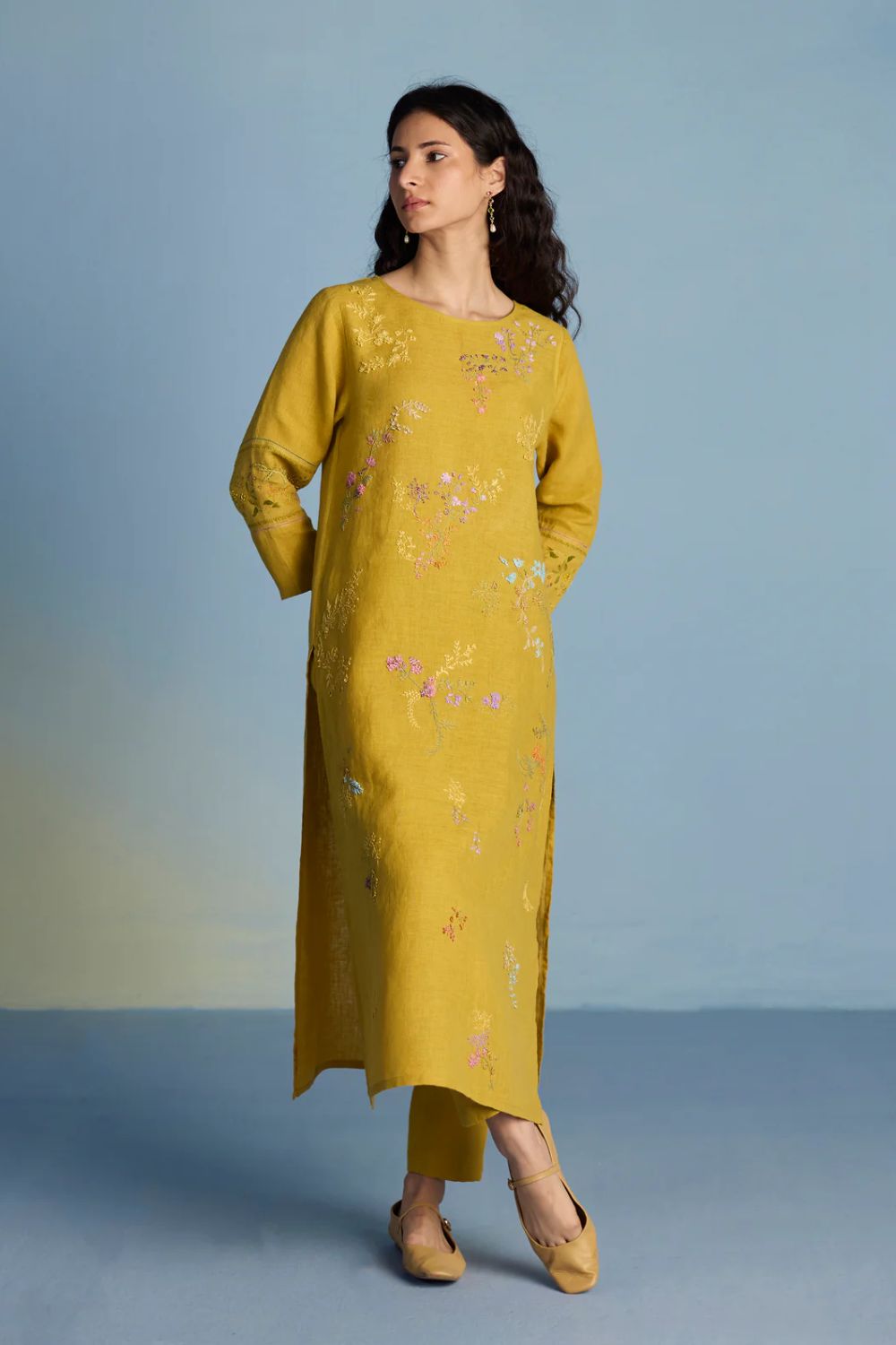 Emra Hand-Embroidered Linen Kurta - Mustard