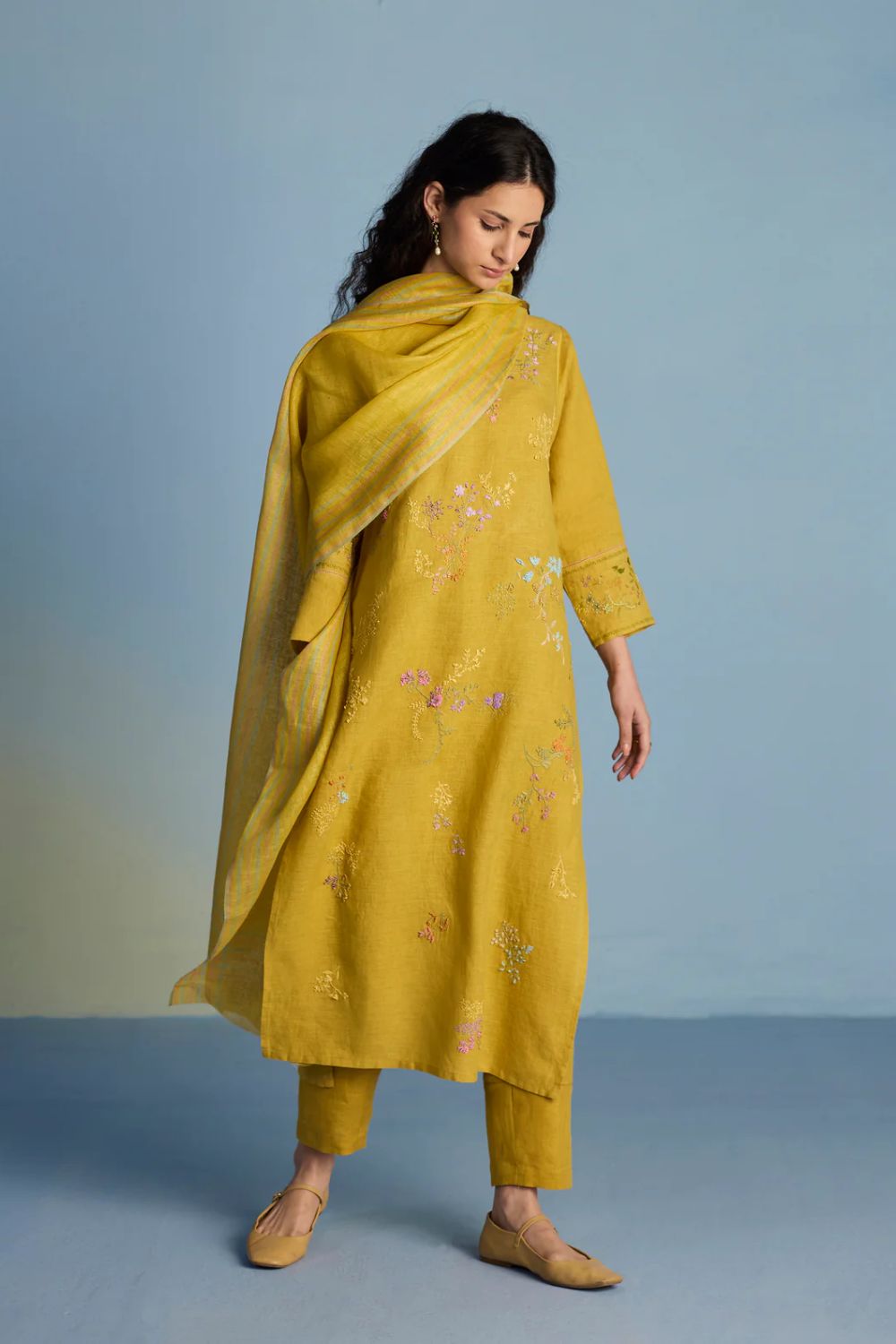 Emra Hand-Embroidered Linen Kurta Set - Ochre