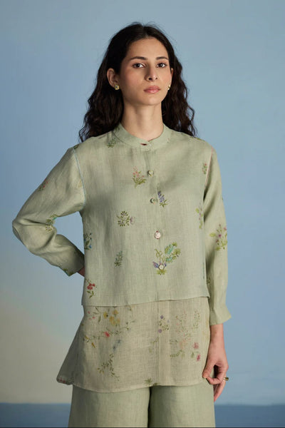 Leina A-Line Floral Linen Shirt - Mint