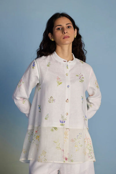 Leina Floral Linen A-Line Shirt - White