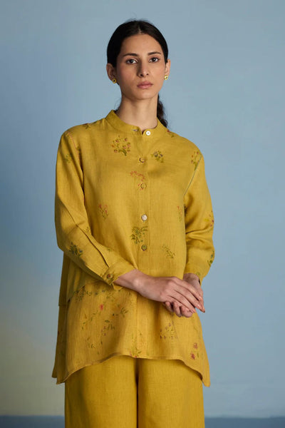 Leina A-Line Floral Linen Shirt - Ochre