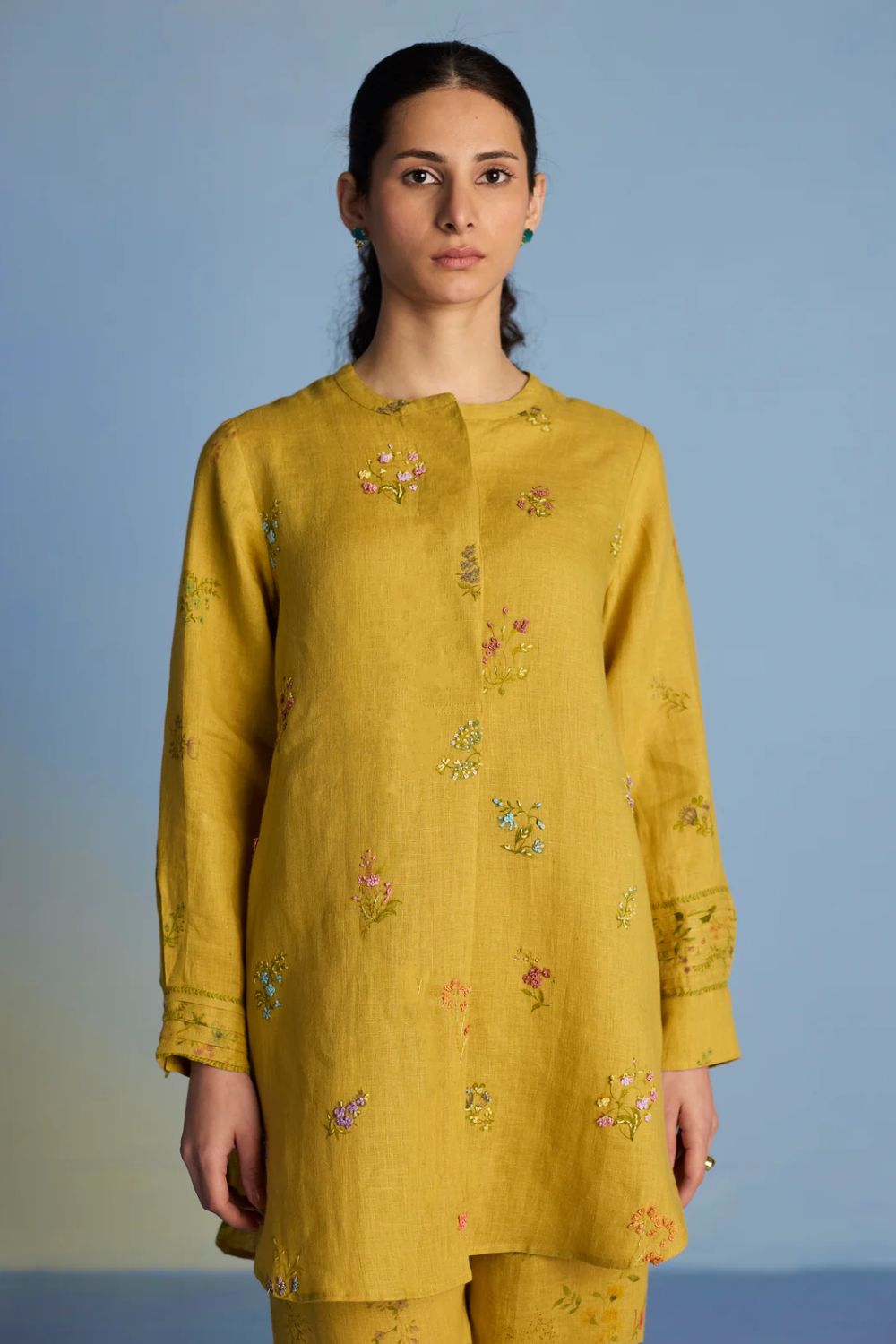 Anya Hand-Embroidered Floral Linen Kurta - Ochre