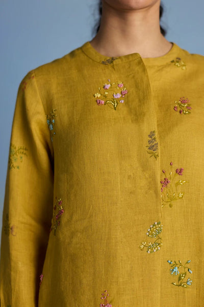 Anya Hand-Embroidered Floral Linen Kurta - Ochre