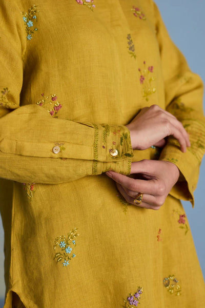 Anya Hand-Embroidered Floral Linen Kurta - Ochre