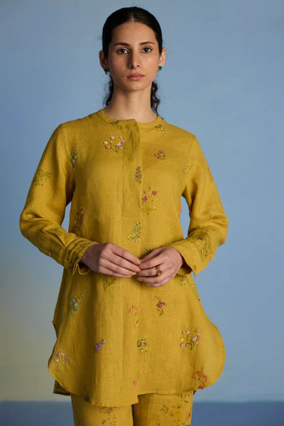 Anya Hand-Embroidered Floral Linen Kurta - Ochre