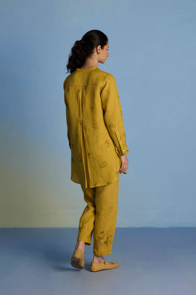 Anya Hand-Embroidered Floral Linen Kurta - Ochre