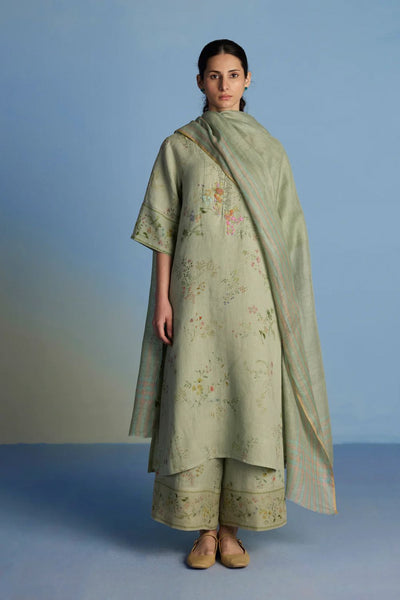 Para Hand-Embroidered Linen Kurta Set  - Mint