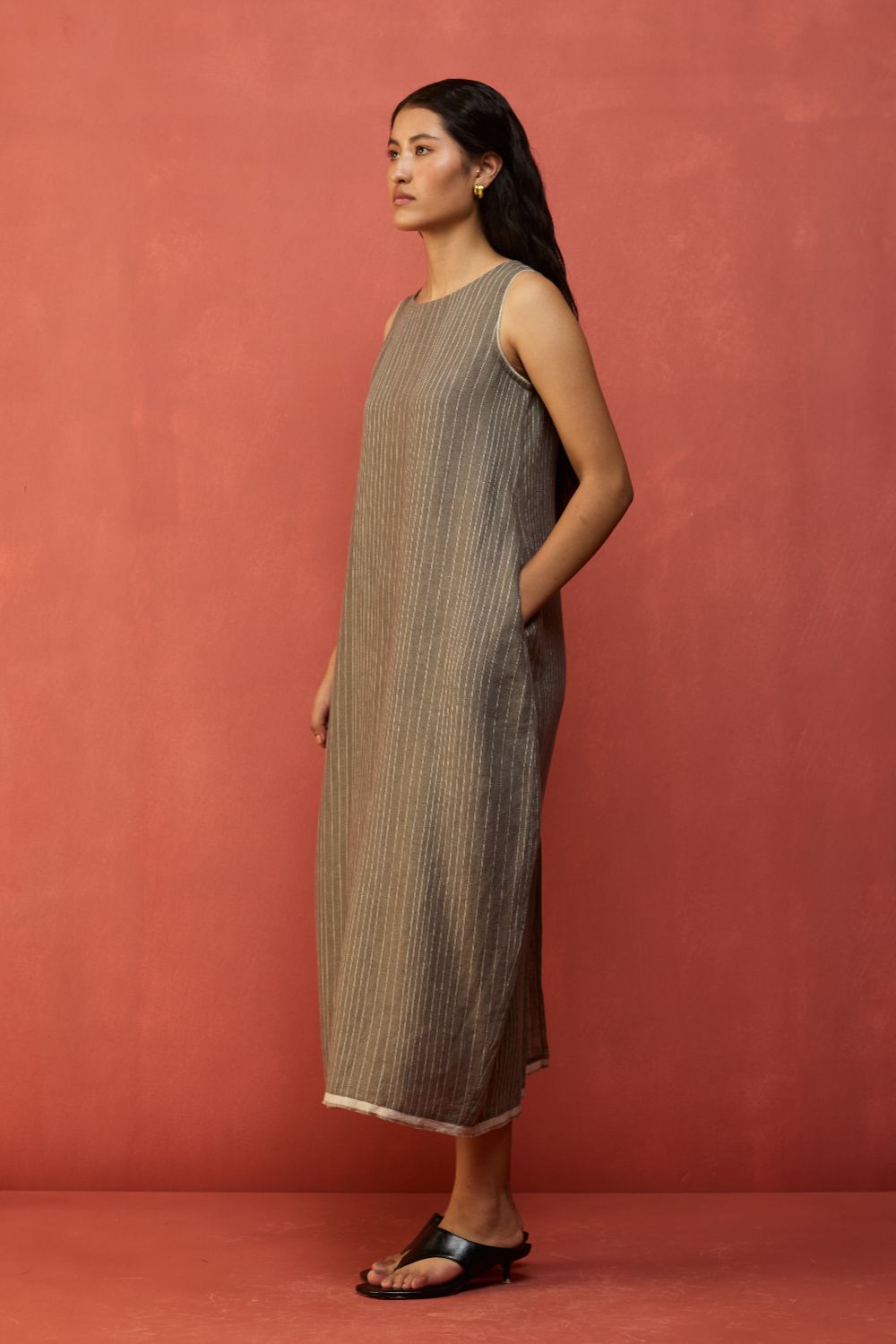 Juro Stripe Linen Parabola Dress - Grey