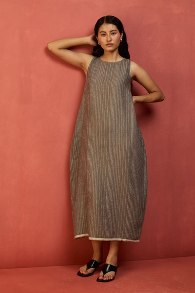 Juro Stripe Linen Parabola Dress - Grey