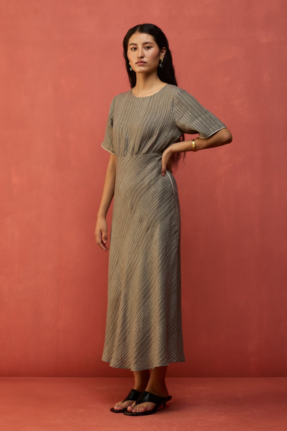 Fumi Bias Skirt Stripe Linen Dress - Grey