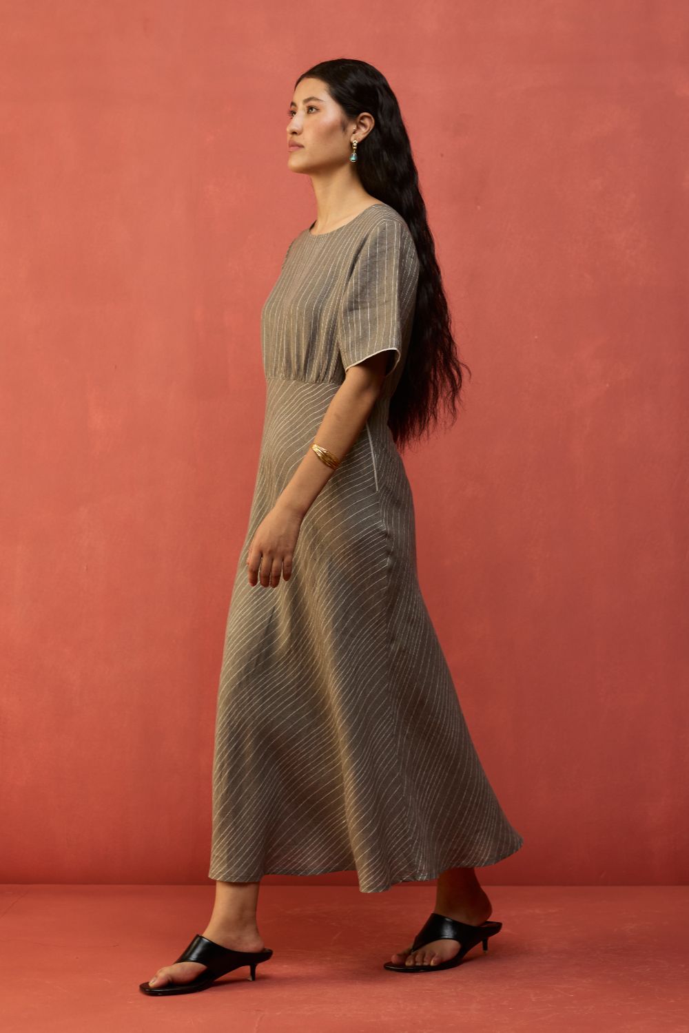Fumi Bias Skirt Stripe Linen Dress - Grey
