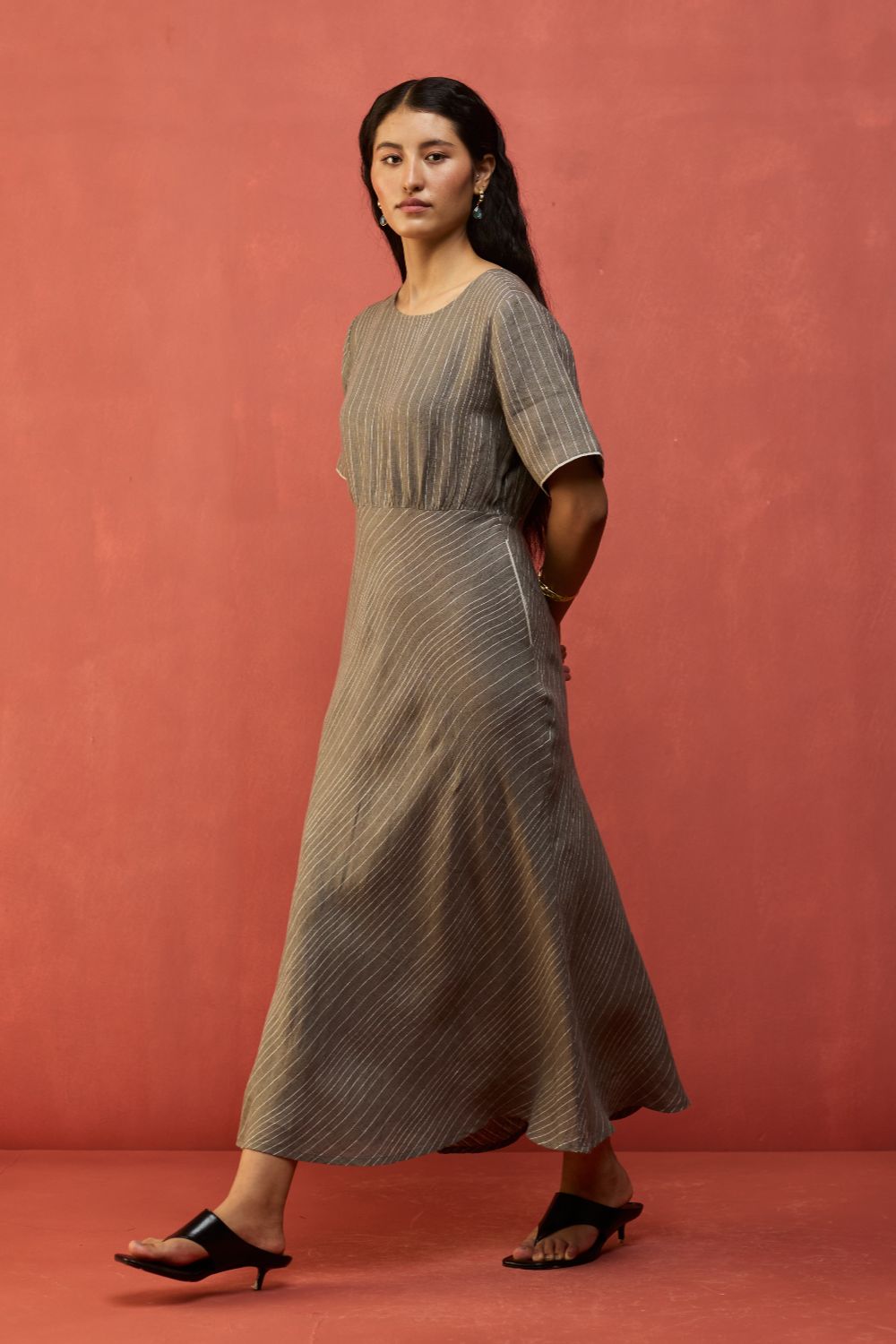 Fumi Bias Skirt Stripe Linen Dress - Grey