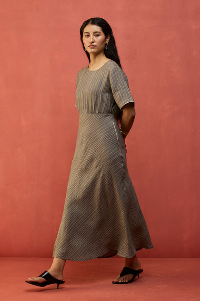 Fumi Bias Skirt Stripe Linen Dress - Grey