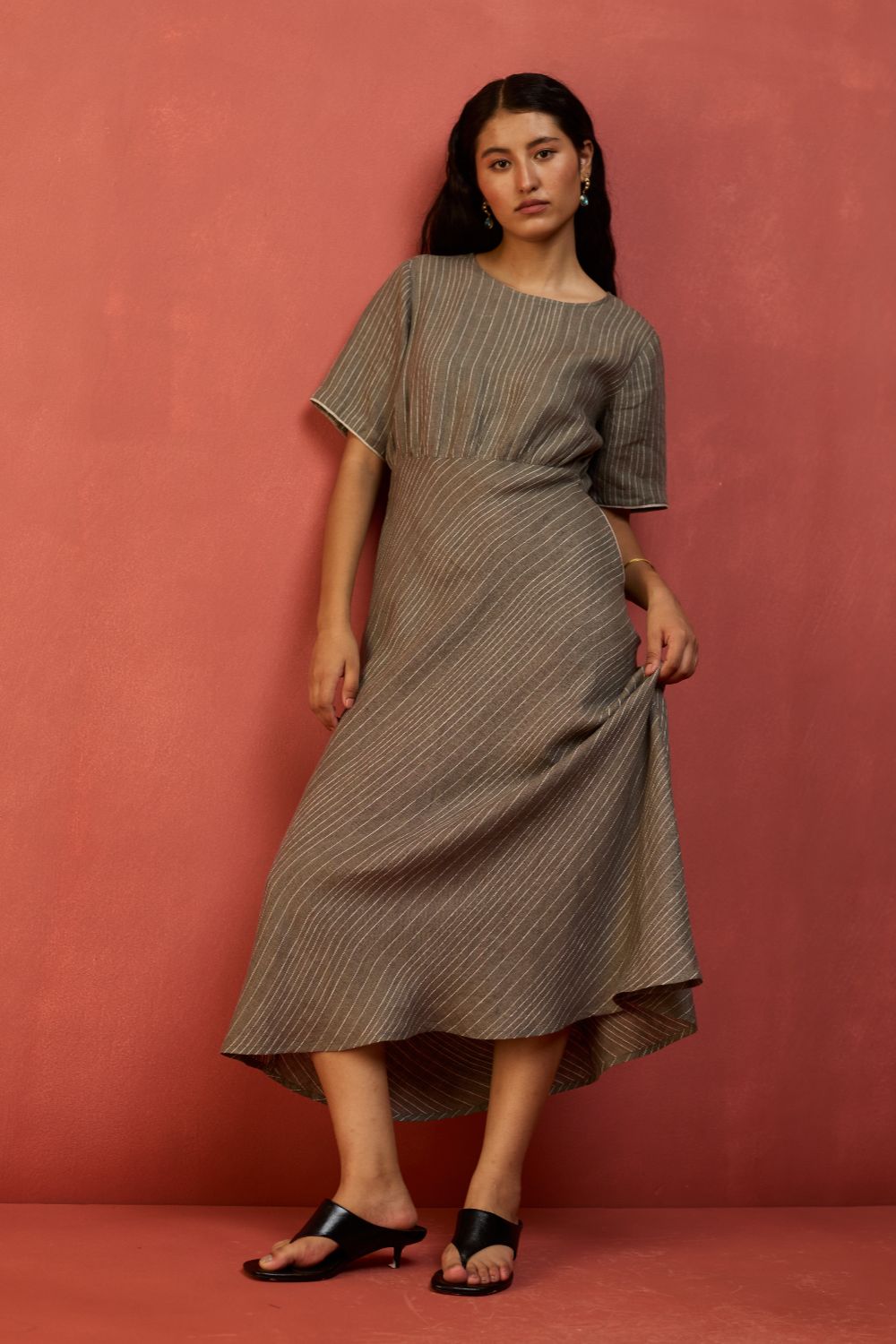 Fumi Bias Skirt Stripe Linen Dress - Grey
