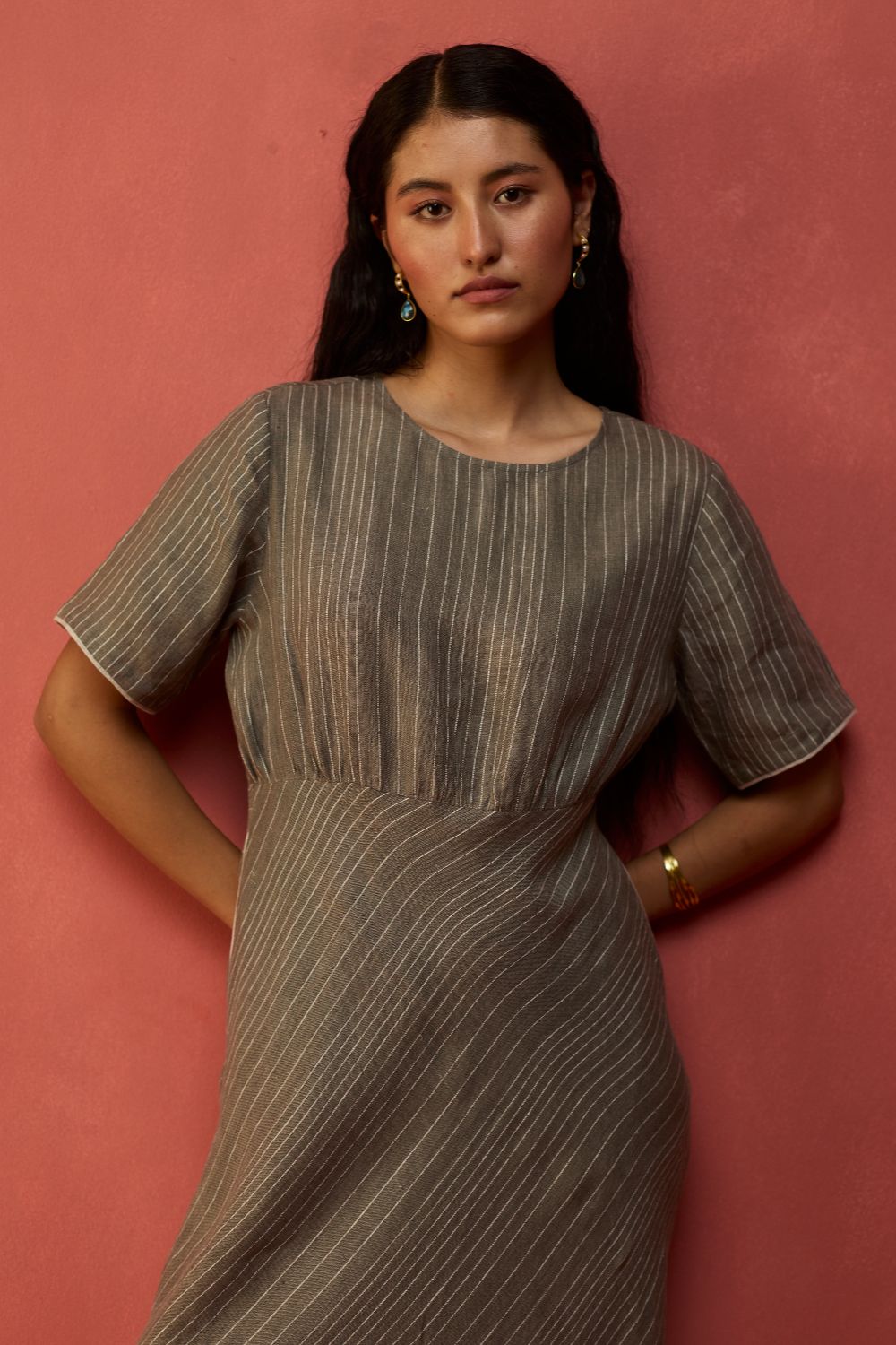Fumi Bias Skirt Stripe Linen Dress - Grey