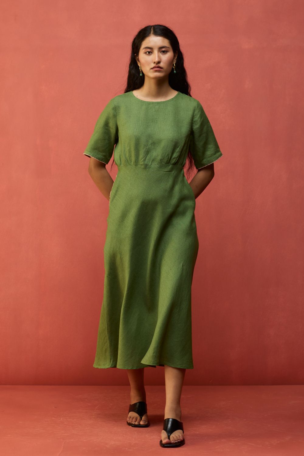 Fumi Bias Skirt Stripe Linen Dress - Fern Green