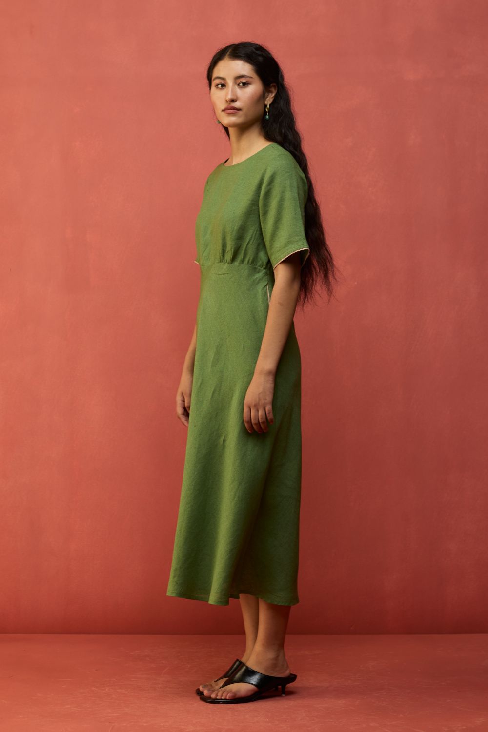 Fumi Bias Skirt Stripe Linen Dress - Fern Green