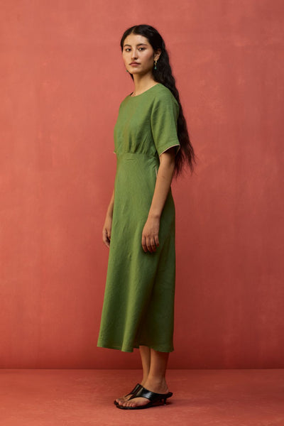 Fumi Bias Skirt Stripe Linen Dress - Fern Green