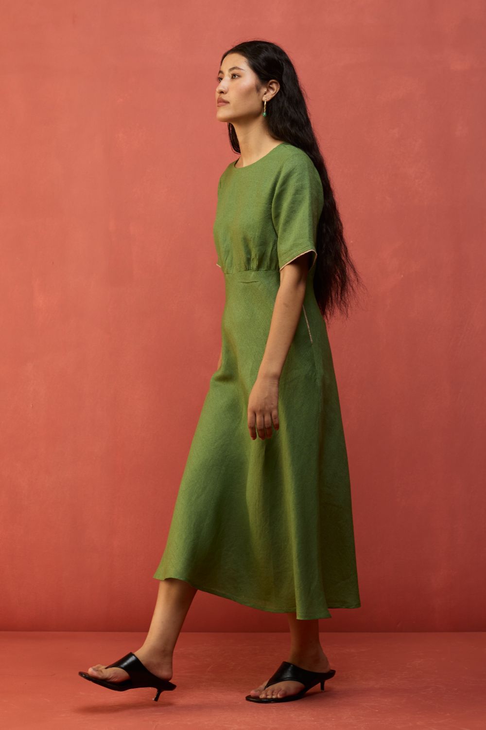 Fumi Bias Skirt Stripe Linen Dress - Fern Green