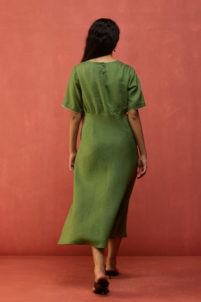Fumi Bias Skirt Stripe Linen Dress - Fern Green