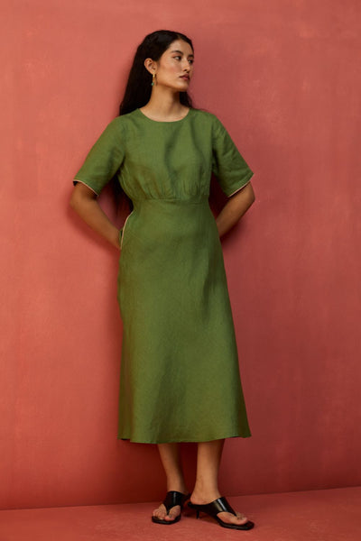 Fumi Bias Skirt Stripe Linen Dress - Fern Green