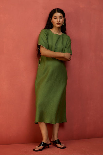 Fumi Bias Skirt Stripe Linen Dress - Fern Green