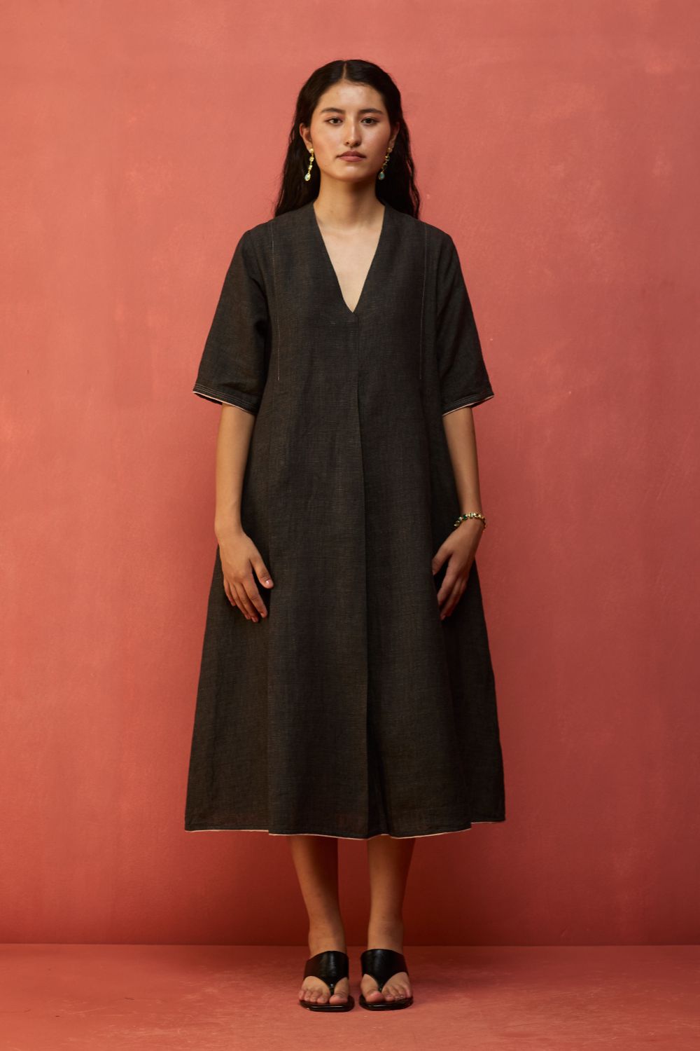 Maki Pleated Linen Dress - Charcoal