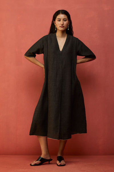 Maki Pleated Linen Dress - Charcoal